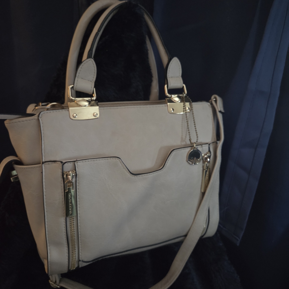 Big Buddha Cream Structured Satchel Purse w/ Gold Hardware & Crossbody Strap